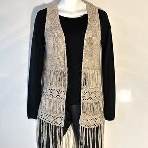 Love 21 SZ S Natural Crochet Fringe Long Vest bohemian 70's Cottage core Retro